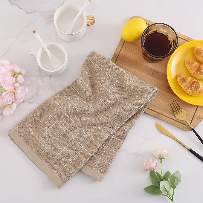 Mordimy 100% Cotton Terry Cloth Kitchen Towels, Super Soft and Absorbent Dish Towels for Drying, Checkered Designed Hand Towels for Kitchen, 16 x 26 Inches, 8 Pack, Tan