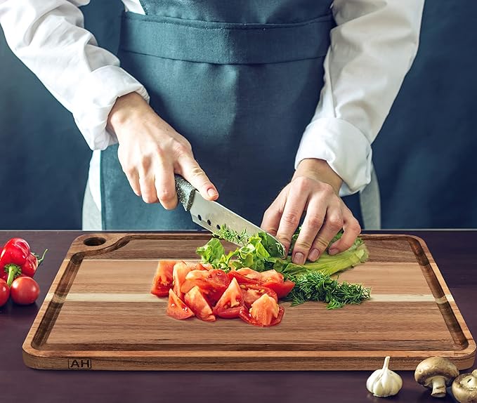 AZRHOM Large Acacia Wood Cutting Board for Kitchen, Butcher Block for Meat and Cheese, Chopping Board with Hanging Hole and Groove 18x12 Inch