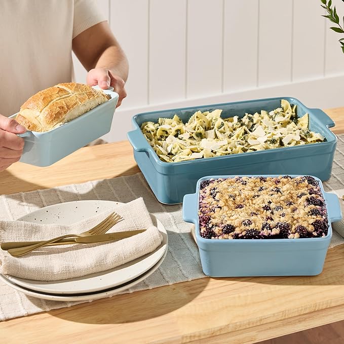 Best Choice Products 3-Piece Ceramic Bakeware Set, Stoneware Baking Dishes, Porcelain Casserole Bakeware Dishes, Serving Dishes - 9x12 Casserole, Loaf Pan, 8x8 Baking Dish - Cornflower Blue