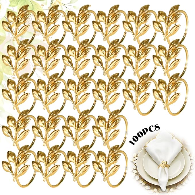 Leaf Napkin Rings Set of 100 Metal Napkin Rings Bulk Table Napkin Ring Suitable for Valentine Thanksgiving Banquets Table Parties and Everyday