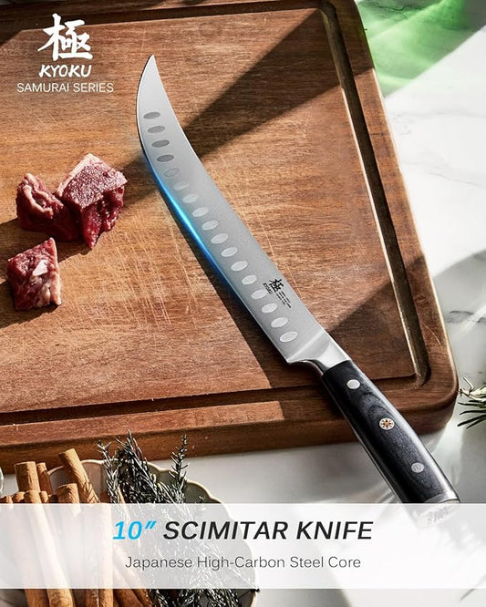 KYOKU 10" Scimitar Knife, Samurai Series Cimitar Breaking Knife with Pakkawood Handle, Japanese Style High Carbon Steel Butcher Knife, Full Tang Meat Slicing Knife for Roast Ham with Sheath and Case