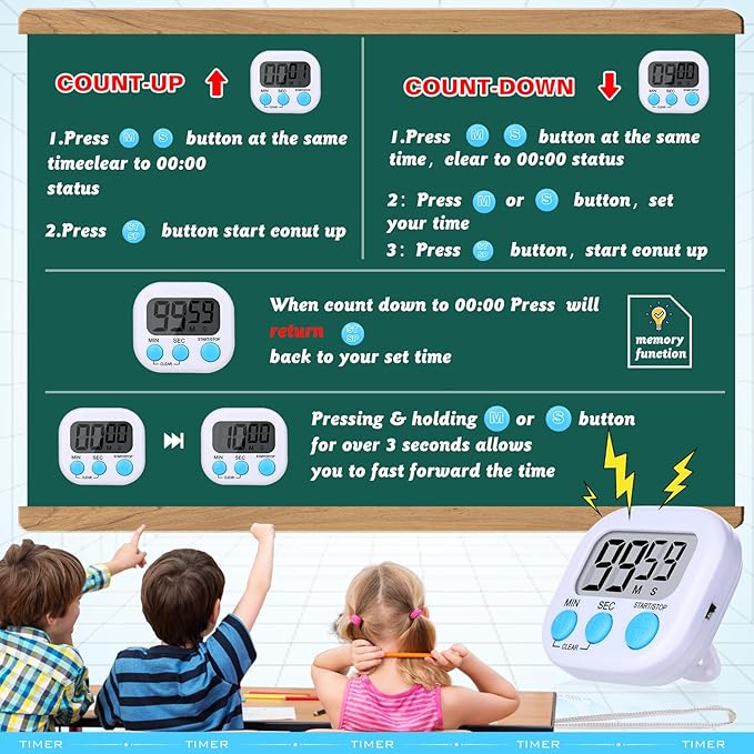 Mwellewm 6 Packs Digital Timers for Classroom Kitchen Timer Small Magnetic Countdown Stopwatch for Cooking Mini Loud Alarm Stop for Kitchen Study Work Baking Sports Games Office Timer Clock