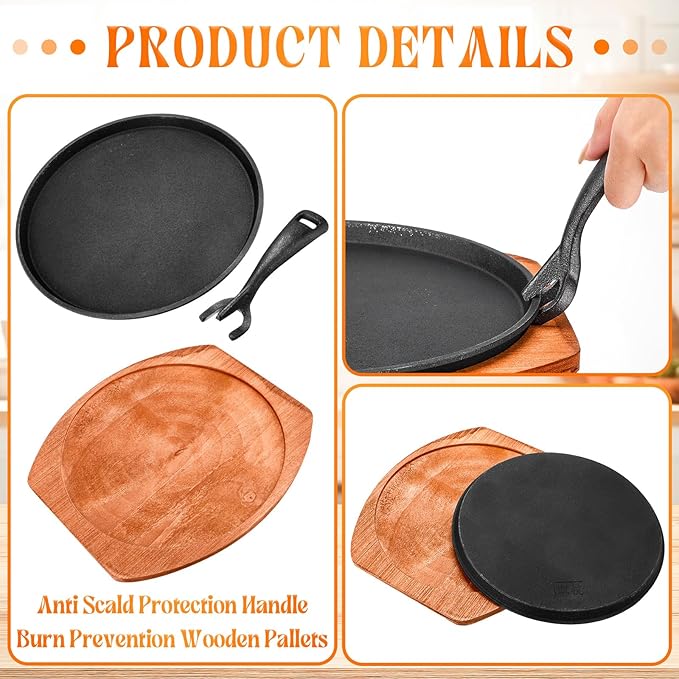Mimorou 6 Sets Cast Iron Fajita Plate Set 9.84'' Steak Plate Sizzling Pan with Wooden Base and Gripper for Home Restaurant Kitchen Catering Cooking for Grilling Meats Seafood