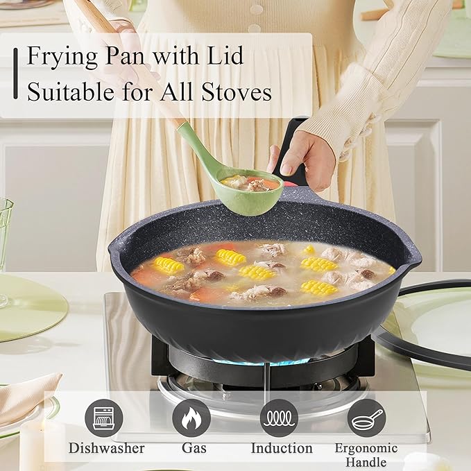Vinchef Nonstick Skillet with Lid, 12.5In Aluminum Deep Frying/Saute Pan with Lid and Heat Indicator, Anti Scratch and Anti Stain, Induction Compatible