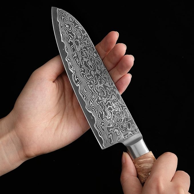 zayiko Kinone Santoku Knife – 6.7-Inch Damascus Kitchen Knife | 67 Layers Damascus Steel with VG10 Core | Ergonomic Birch Root Wood Handle | Professional Chef Knife in Gift Box