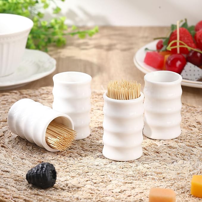 Mimorou 4 Pcs White Ceramic Toothpick Holder Simple Ceramic Toothpick Dispenser Container for Home Charcuterie, Easy to Clean (Bamboo Shape)