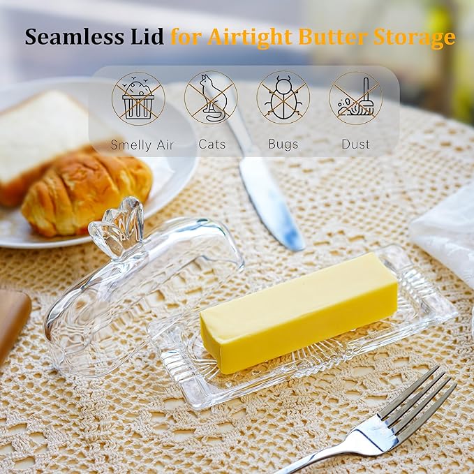 7'' Glass Butter Dish with Lid - Elegant Countertop Butter Container Holds,Clear Butter Keeper for Home Kitchen Decor,Dishwasher Safe