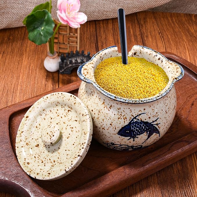 Japanese-Style Fish-Shaped Ceramic Sugar Jar & Spice Container with Lid & Stainless Steel Spoon Set – Decorative Koi Design, Kitchen Storage for Salt, Sugar (yl)