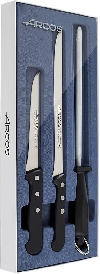 ARCOS Slicing Set 3 Pieces Nitrum Stainless Steel and mm blade. Ergonomic Polyoxymethylene POM Handle. Series Universal. Long, sturdy blade and serrated edge and serrated edge easily cuts. Color Black