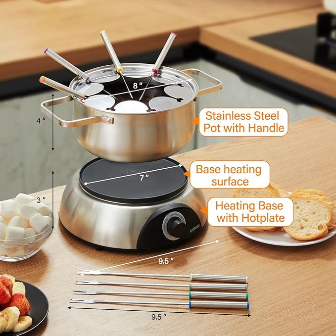 CUSIMAX Electric Fondue Set, 1500W Electric Fondue Pot with Luminous Control Dial, 8 Colour Coded Stainless Steel Forks, For Chocolate, Cheese, Broth, Oil, Stainless Steel Fondue Maker, 1.4Quart