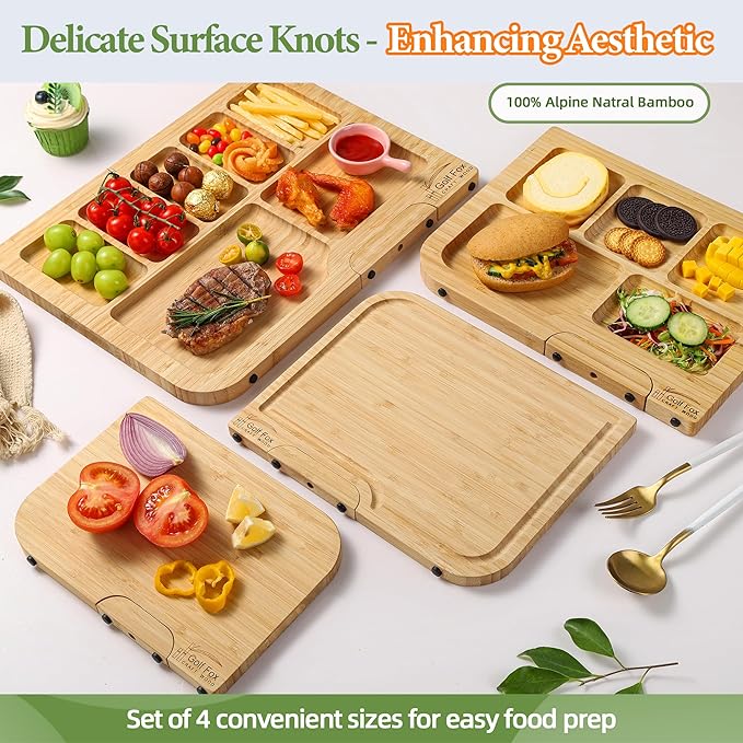 4-PCS Bamboo Cutting Board Set with Innovative Stand - Durable Double Sided Wooden Cutting Board with Juice Groove & Handle for Meal Prep, Meat, Charcuterie Serving, Eco-Friendly Healthy Kitchen Gift