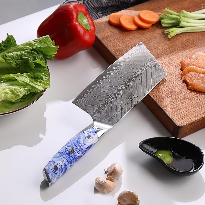 SHANGDAO 7 Inch Chinese Chef Knife,Cleaver Kitchen Knife Professional Vegetable Knife, Forged Damascus Steel with Blue and White Resin Handle - Full Tang - HUA Series