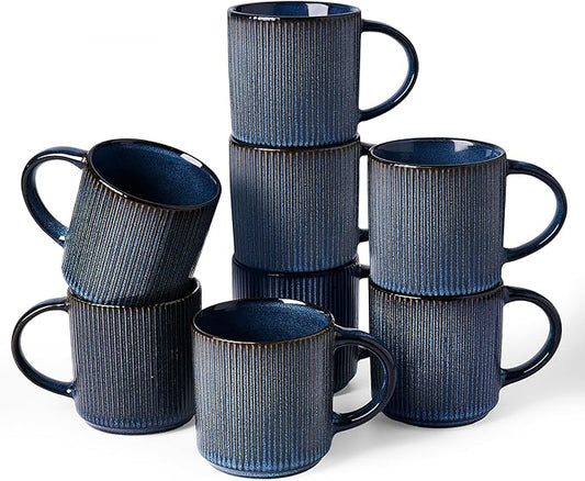 famiware Coffee Mug Set for 8, Star 12 oz Catering Mugs Cup Set with Handle for Coffee, Tea, Cocoa, Milk - Ceramic Stoneware Drinkware Set, Nebulas Blue