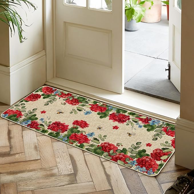 Geranium Spring Kitchen Mats for Floor Set of 2, Geranium Flower Summer Floor Mats, Non Slip Rubber Backing Kitchen Floor Mat and Rug Set for Kitchen Sink, Office, Laundry