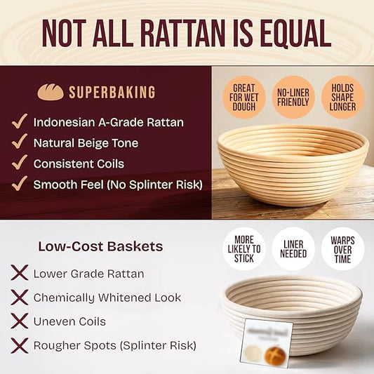 Superbaking Banneton Bread Proofing Basket Set of 2, 9" Splinter-Free Round Rattan Bread Basket with Liners, Sourdough Starter Kit, Sourdough Bread Baking Supplies & Sourdough Kit, Bread Making Tools