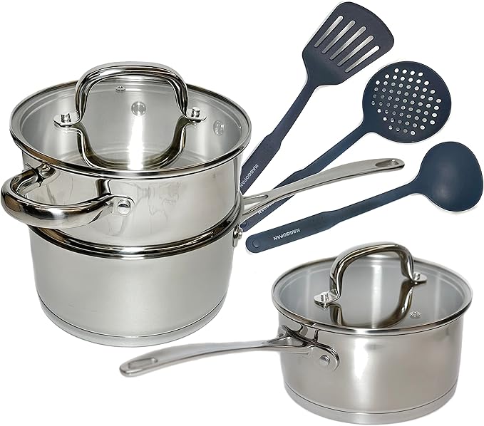 MAGGOPAN Stainless Steel Saucepans Nylon Tools 8 pcs set Glass Lid Induction Impact Bonded Right Angles