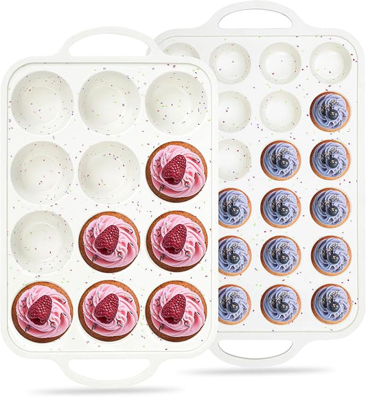AOTASO Regular 12 Cup and Mini 24 Cup Nonstick Cupcake Pan Set Silicone Muffin Pan for Baking Silicone Cupcake Mold with Metal Reinforced Frame BPA Free (2 Pcs, Cream)