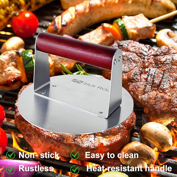 Stainless Steel Burger Press, Hamburger Press, Heavy Duty Meat Press, 8 Inch Bacon Press & 6.3 Inch Round Burger Smasher with Wood Handle, Grill Press for Smashburger, BBQ Bacon Up, Beef