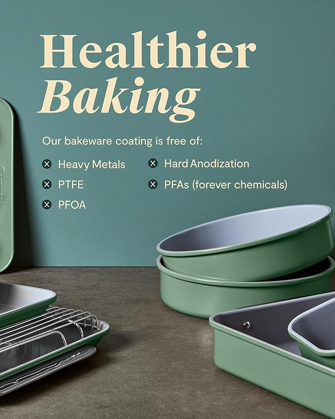 Caraway Nonstick Ceramic Bakeware Set (11 Pieces) - Baking Sheets, Assorted Baking Pans, Cooling Rack, & Storage - Aluminized Steel Body - Non Toxic, PTFE & PFOA Free - Black
