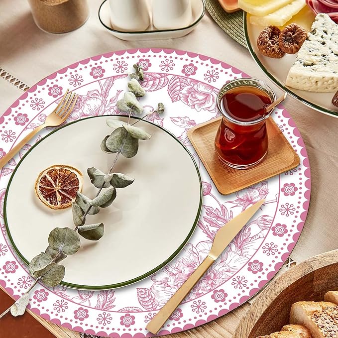 100 Pcs 14 Inch Pink Floral Paper Place Mats Chinoiserie Round Placemats Flower Disposable Decorative Table Mats for Dinner Table Setting Banquet Party Supplies