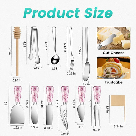 Marble Pink Cheese Knife Set, Ceramic Handle Charcuterie Board Accessories - Butter Spreader, Cheese Slicer, Serving Tongs, Spoons, Forks, Flags, Wooden Honey Dipper