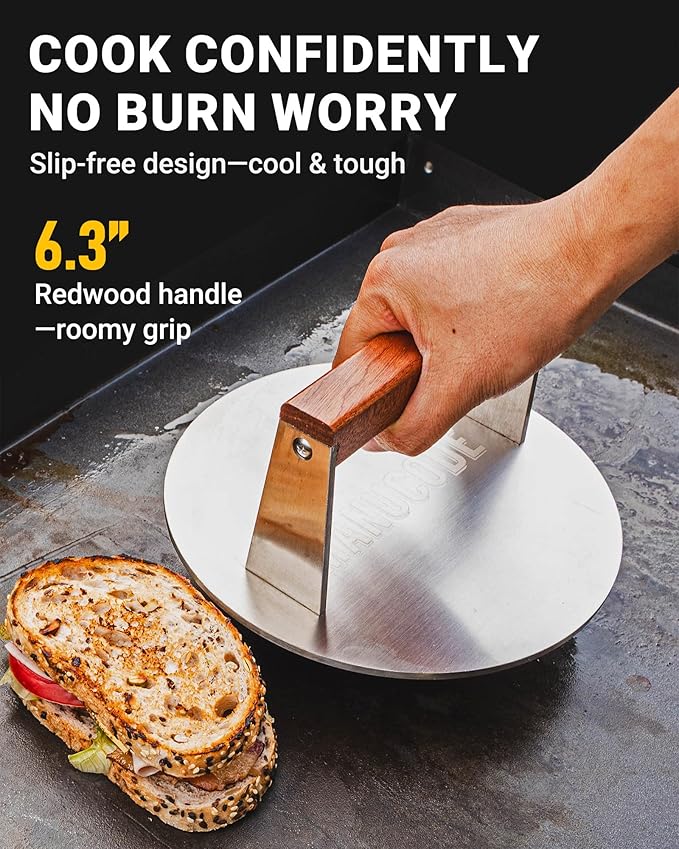 Manucode Smash Burger Press 8 Inch, 3.1 Lb Burger Smasher, Heatable for Searing Panini, Steak, Chicken, Salmon, Stainless Steel Bacon Press, Flat Bottom, Seasoning Free, Wooden Handle No Spin