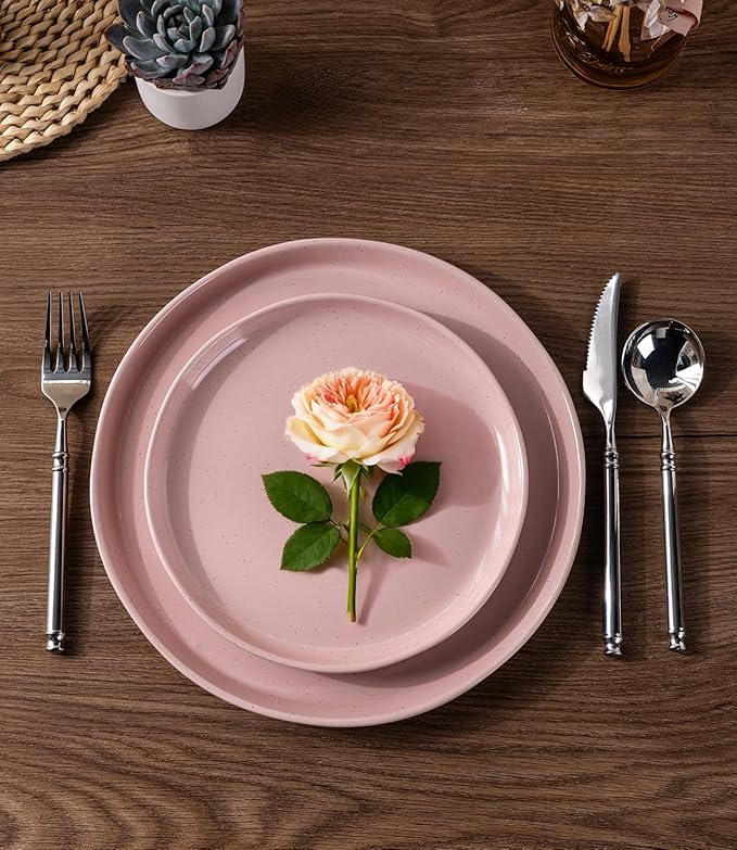 AmorArc Ceramic Dinner Plates Set of 6,10.5 Inch Stoneware Plates Set for Dinner, Elegant Dish Set with Rustic Terracotta Underside,Microwave & Dishwasher Safe-Cloud Pink