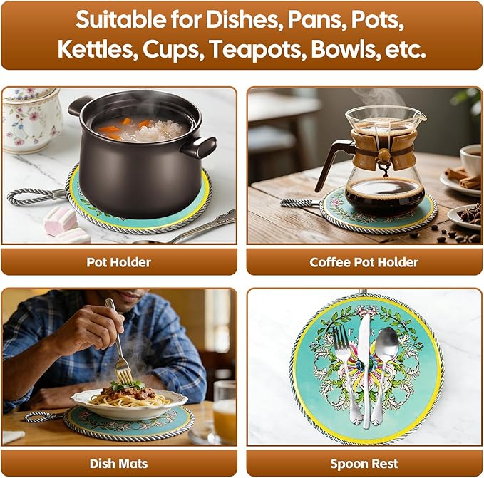 Ceramic Trivets for Hot Dishes,Anti-Slip with Heat Resistant Cork Trivet for Countertops and Tables,Protects Surfaces from Hot Pots,Pans,Cups,Decorative Coasters for Table,Dual-use,Portable Hanging