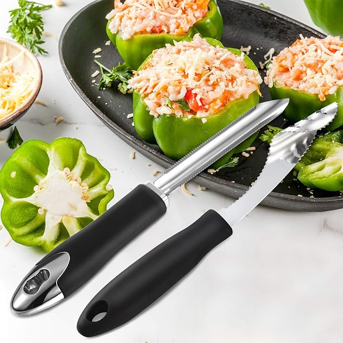 2 Pieces Jalapeno Pepper Corer Zucchini Cucumber Corer Remover with Serrated Slice and Rubber Handle Seed Remover or Slice Off Vegetables Tops for Kitchen