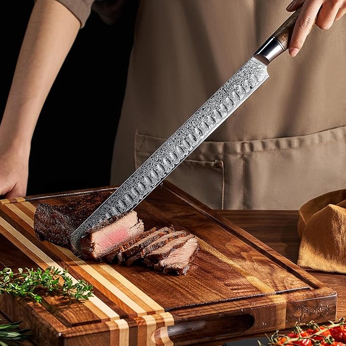 SENKEN 12" Damascus Steel Brisket Knife - Dynasty Collection - 67-Layer Japanese VG10 Steel with Natural Sycamore Wood Handle - Ultra Sharp Carving Knife for Brisket, Roasts