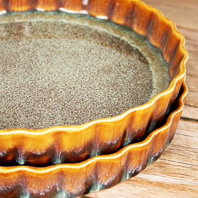 jinsongdafa Large Quiche Tart Pans Pan, 27 oz Ceramic Au gratin pans, Fluted Ruffled Edge for Quiche Baking Dish/Pie Pan - Oven, Microwave, Freezer and Dishwasher safe - Great Gift for Bakers 9.6 Inch