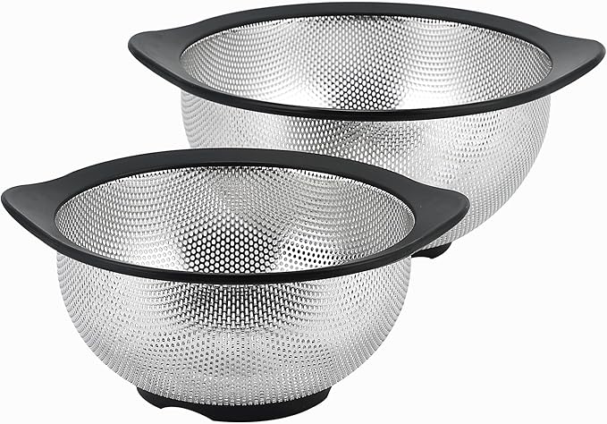 Rorence Colander Set, Stainless Steel Colanders with Non Slip Silicone Handles & Base, 2.5 & 4.3 Qt Dishwasher Safe Colander for Kitchen, Pasta, Vegetables, Fruits, Home Cooks & Families