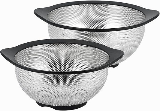 Rorence Colander Set, Stainless Steel Colanders with Non Slip Silicone Handles & Base, 2.5 & 4.3 Qt Dishwasher Safe Colander for Kitchen, Pasta, Vegetables, Fruits, Home Cooks & Families