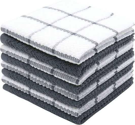 Cotton Dish Towels for Kitchen, Terry Dish Cloths for Washing Dishes, 12 x 12 Inches, Light and Soft, Quick Drying Dish Rags for Cleaning, 8pc/Set (Grey Multi)
