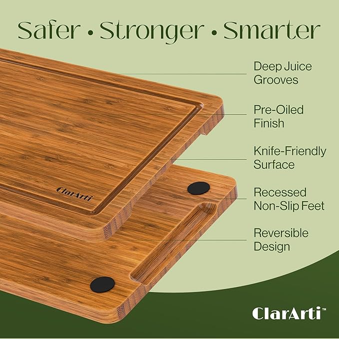 ClarArti - Organic Bamboo Cutting Boards for Kitchen – Set of 3 Non-Toxic Wood Cutting Board with Non-Slip Design – Durable Anti-Slip Bamboo Boards for Chopping & Serving