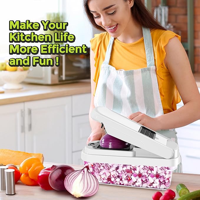 Vegetable Chopper,12-in-1 Multifunctional Food Chopper,Professional Onion Chopper with 7 Blades,Vegetable Cutter with Container for Salad,Potato,Carrot,and Garlic,Essential Kitchen Tool (White)