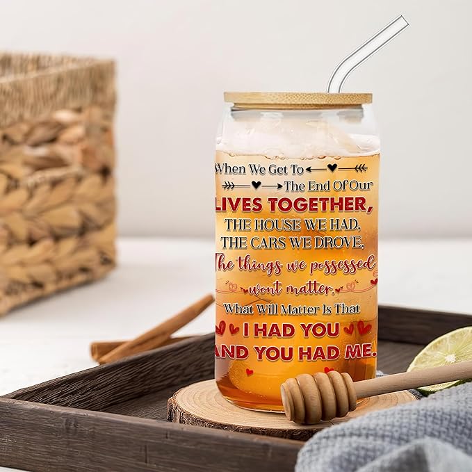 16 Oz Glass Cups with Lids and Straws You and Me We Got This Iced Coffee Cup Couple Glass Drinking Jar Beer Soda Tea Cocktail Wedding Anniversary Valentines Gift for Him Her Spouses Love