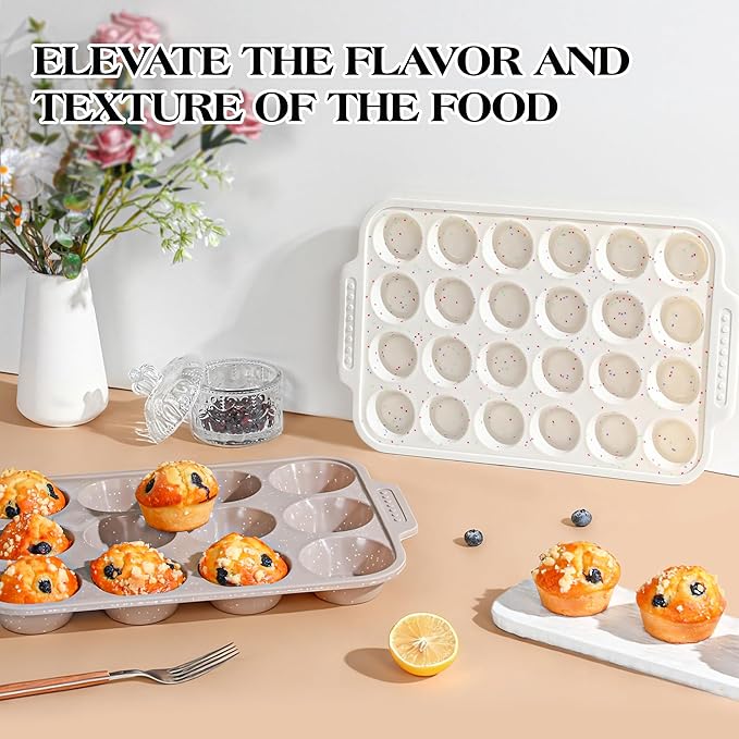 AOTASO 2 Pcs Silicone Muffin Pans for Baking with Metal Reinforced Frame, Nonstick Cupcake Tray for Oven, 12 Cups Regular and 24 Cups Mini Size Silicone Molds for Egg Bites (Brown, Cream)