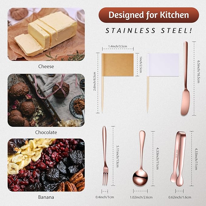 Patelai Charcuterie Boards Accessories Charcuterie Utensils Set Cheese Butter Spreader Knives Stainless Steel Mini Serving Tongs Spoons Forks and Toothpick Flags for Appetizers Pastry(Rose Gold)