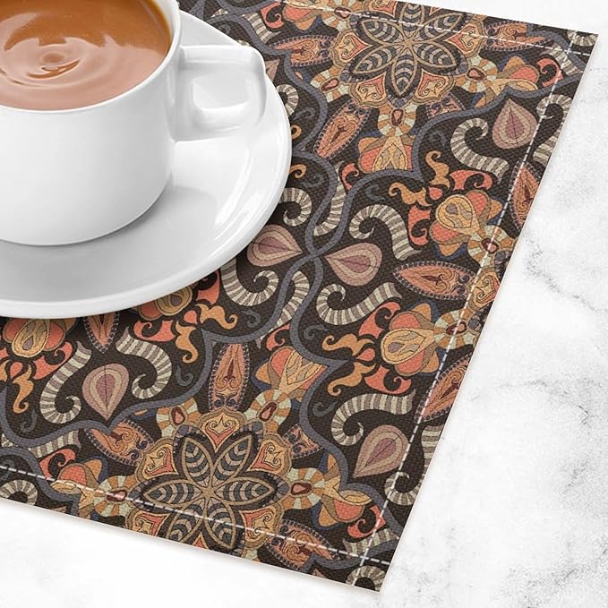 Mandala Placemats Set of 4 Vintage Bohemia Brown Flower Art Printed Dining Table Mats for Restaurant Home Kitchen Holiday Picnic Party Decor 12x18in