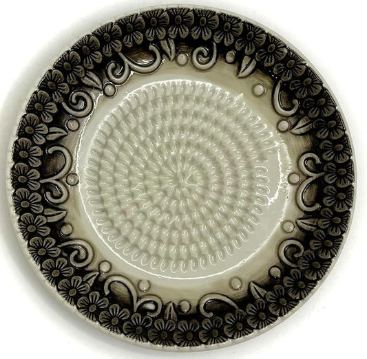 All-in-one Premium Ceramic Garlic Grater Plate 4-Piece Set - Black Embossed Design and Style - For Garlic, Ginger, Chocolate, and more! - Comes with 5.25" Plate, Peeler, Brush, and Stand