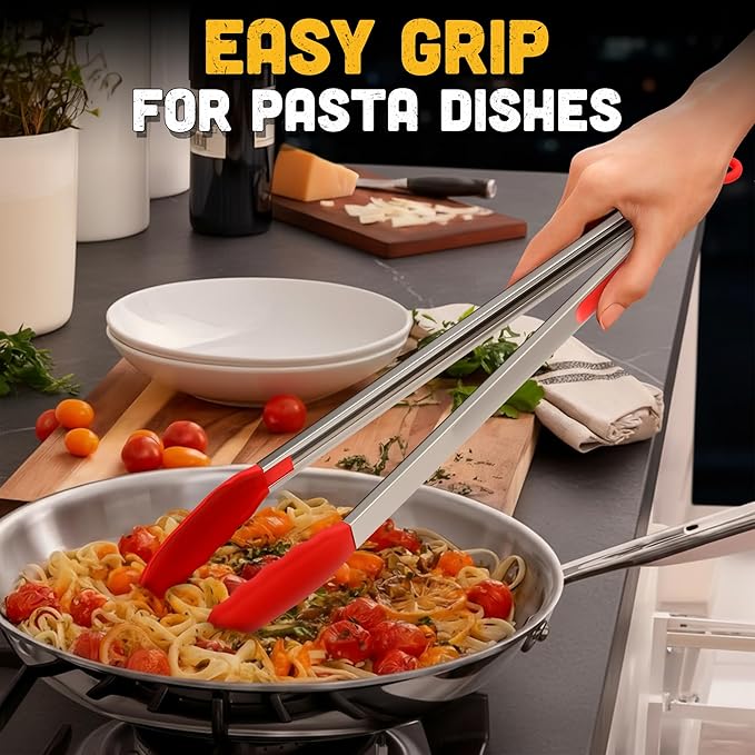 Salad Tongs - 17.3" Long Tongs for Cooking with Silicone Tips & Stainless Steel Frame for Salad Mixing & Serving for Safe Turning of Steaks, Burgers & Veggies - Easy-Lock Handle for Grip & Storage