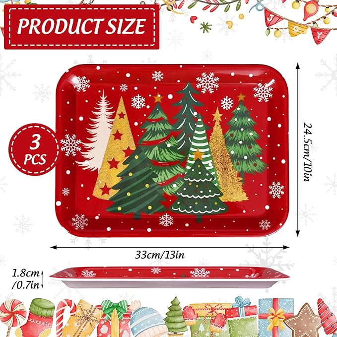 JarThenaAMCS 3Pcs Christmas Serving Trays Reusable Serving Dishes Gold Green Xmas Tree Snowflake Platter for Winter Party Sharing Snacks Fruits Dessert, 13 x 10 Inch