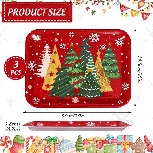 JarThenaAMCS 3Pcs Christmas Serving Trays Reusable Serving Dishes Gold Green Xmas Tree Snowflake Platter for Winter Party Sharing Snacks Fruits Dessert, 13 x 10 Inch