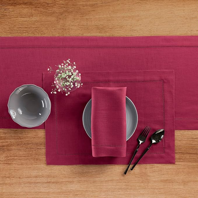 Solino Home Linen Beet Table Runner 120 Inches Long - 100% Pure Linen Hemstitch 14 x 120 Inch Table Runner for Dining, Easter, Winter, Valentines - Classic Hemstitch