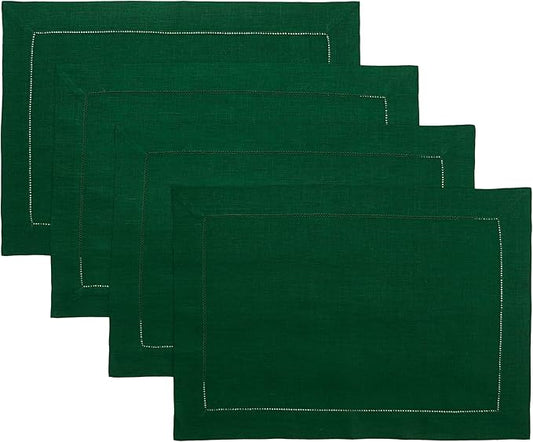 D'Moksha Homes Linen Placemats Set of 4 - Classic Hemstitch Forest Green Placemats 14 x 19 Inch - 100% Pure Linen Table Mats for St Patricks Day, Easter - Handcrafted and Machine Washable
