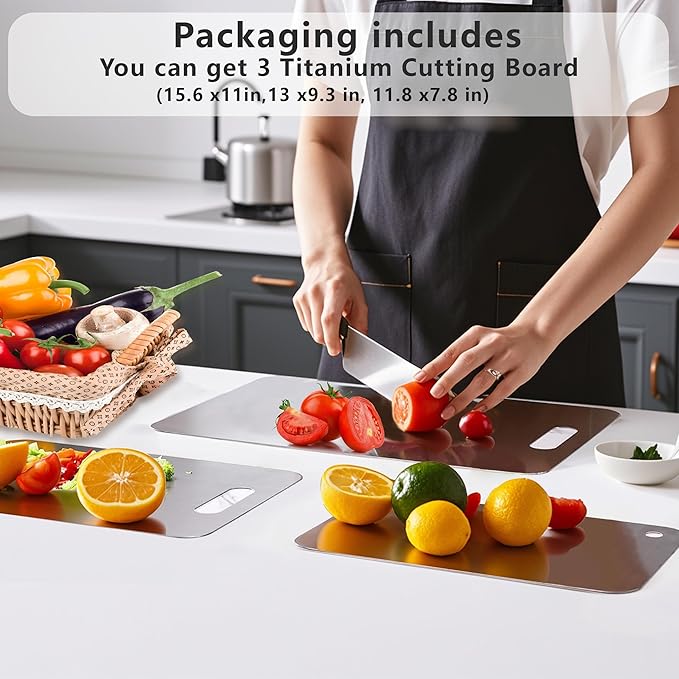UFJEG Titanium Cutting Board, 3 PCS Titanium Cutting Boards for Kitchen, Non Toxic, Double-Sided Food Grade Chopping Board for Outdoor Camping(15.6" x 11", 13" x 9.3", 11.8" x 7.8")