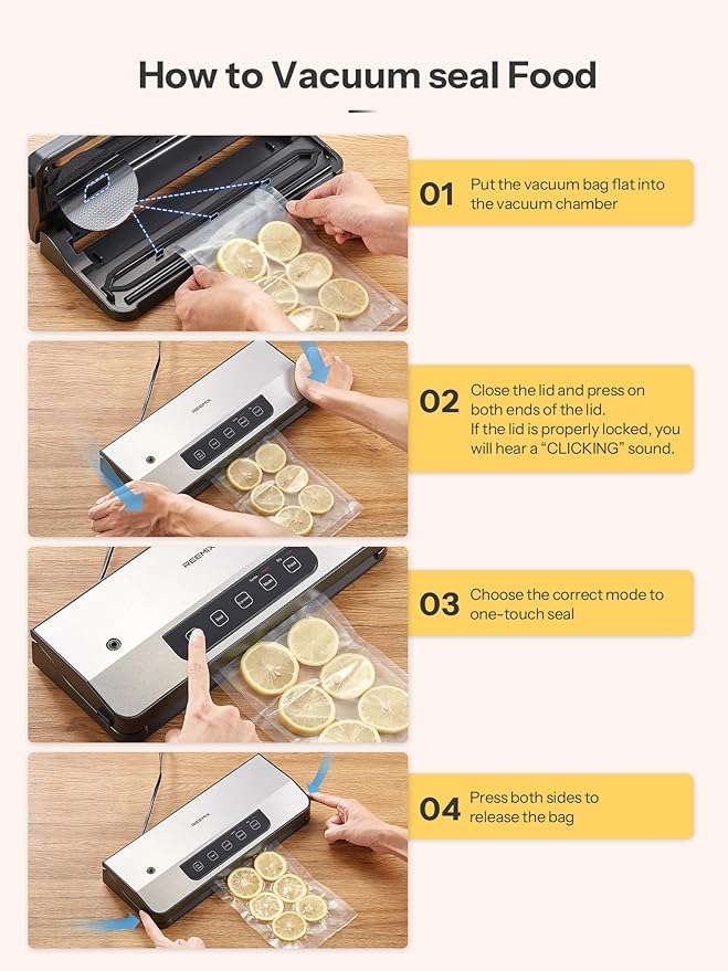 Vacuum Sealer Machine, Reemix Automatic Food Vacuum Sealer with Starter Kit, Air Sealing for Food Storage with 20 Bags, Pulse Function, Moist&Dry Mode and External VAC