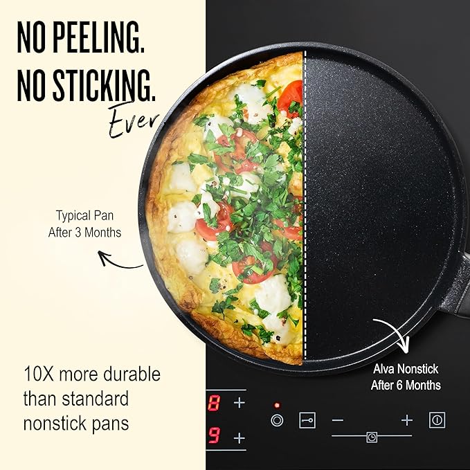 Alva Energy Ceramic Nonstick Frying Pan Set & Crepe Pan – 3-Piece, No PFAS/PFOA/PTFE, Ultra‑Low Oil Release, Works on Gas/Electric/Induction, Lightweight & Easy Cleanup, Stay-Cool Handles