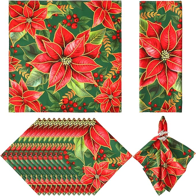 12 Pcs Christmas Poinsettia Cloth Napkin 20 x 20 Inch Poinsettia Cloth Napkins Washable Dinner Guest Napkins for Christmas Holiday Xmas Thanksgiving Dinner Party Supplies, Set of 12